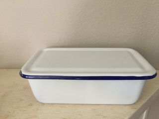 White & Blue Vintage Enamelware Enamel Porcelain Metal Refrigerator Box W/ Lid