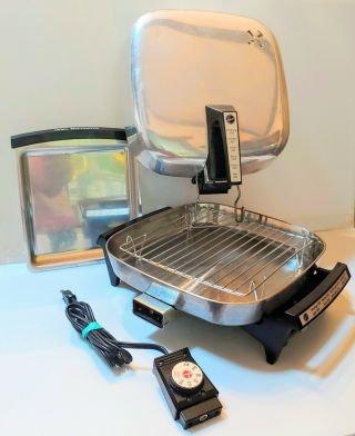 Vtg Hoover B3009 Stainless Steel Electric Fry Pan With Broiler Lid Warming Tray