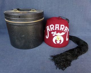 Vintage Jeweled Ararat Shriner Fez Hat With Tassel - Size 7 - 1/8,  Case