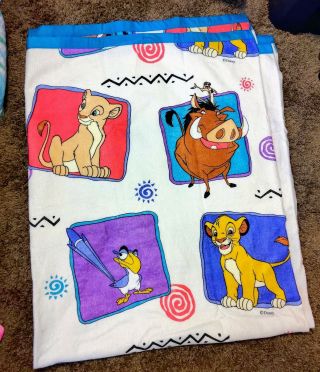 Vintage 1990s Lion King Blanket Satin Edge Bright Squares Made In Usa Twin Size