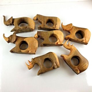 Vintage Hand Carved Wood African Safari Animal Set Of 7 Napkin Holders Rings