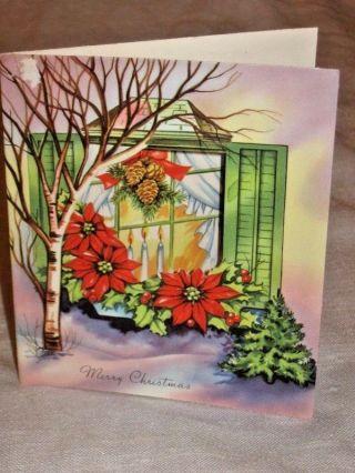 Vintage Christmas Greeting Card Cut Out Window Poinsettia Flowers 1940s