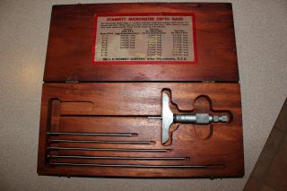 Vintage Starrett No.  445 Micrometer Depth Gauge In Wood Box Guc