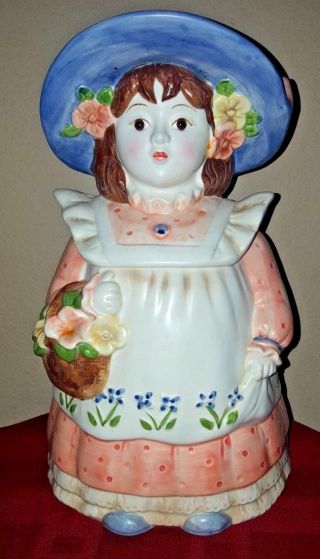 Vintage Doll Ceramic Cookie Jar Girl Blue Hat Flower Basket Japan