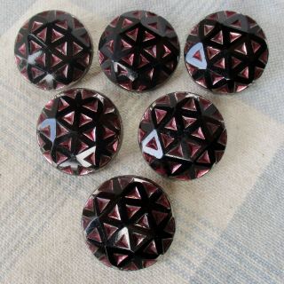 Set Of 6 Molded Black Glass Buttons W Pink Luster