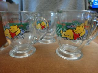 4 - Anchor Hocking Disney Winnie The Pooh Clear Glass Pedestal Coffee Mugs Usa