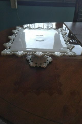Vintage Cake Plate Stand Footed Pedestal Square White Milk Glass Milkglass Pie