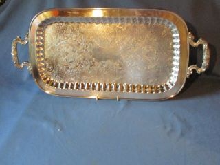 Vintage Two Handled Large Rectangular Silver Plated Footed Serving Tray