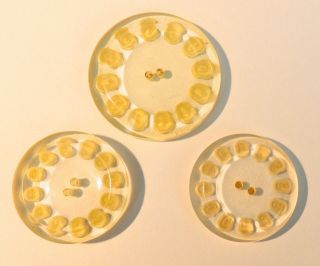 Mother & 2 Daughters,  Lemon Yellow Reverse Carved/painted Celluloid Buttons