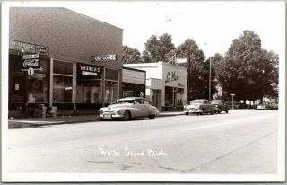 White Cloud,  Michigan Rppc Photo Postcard Street Scene Stores Coke Sign C1950s