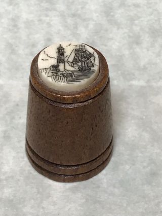 Vintage Wood Hand Carved Thimble - Lighthouse With Ship From Alaska Antique