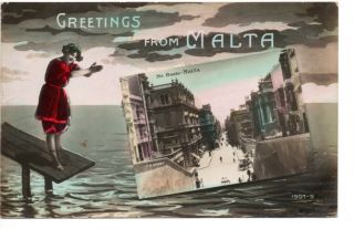 Postcard,  Greetings From Malta,  Diving Lady,  Inset Str Reale,  1901 - 5,  1910s