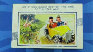 Vintage Bamforth Comic Postcard 1937 Silk Stockings Cycling Bicycle Austin 7 Car