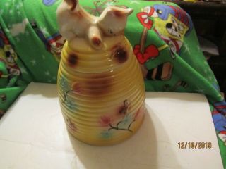 Vintage Cat On Top Of Bee Hive Ceramic Cookie Jar Made In Usa