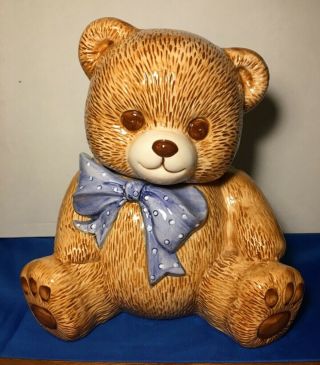 Vintage Teddy Bear Cookie Jar With Large Blue Polka Dot Ribbon