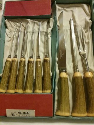 Sheffield Stainless Carving Set W/ 6 Steak Knives Faux Antler Handles