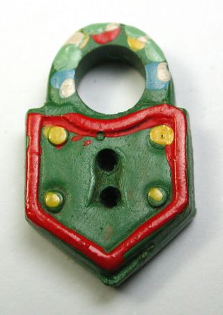 Bb Vintage Carved Wood Button Realistic Padlock Hand Painted 3/4 "