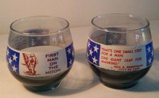 Set Of 2 Vintage Apollo 11 First Man On The Moon Clear Glass 8 Oz Tumblers,  1969