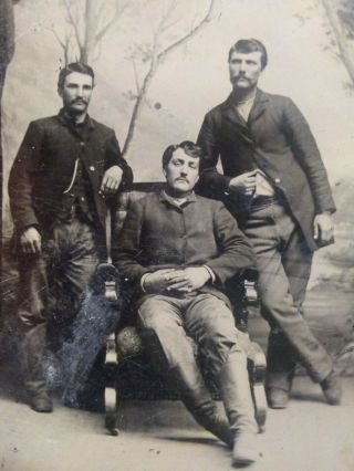 Tintype Of Three Handsome Men,  Antique Black & White Tin Photo 2.  5 " X 3.  5 "