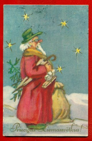 Latvia Lettland Christmas Santa Claus Red Robe Vintage Postcard 1585