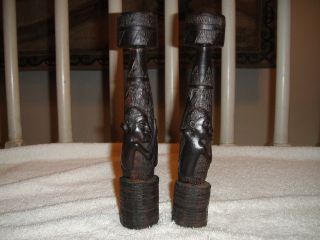 Vintage African Wood Carved Candlestick Holders - Pair - Intricate Carving Of Man
