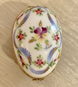 Lovely French Limoges Box Egg Signed Peint Main Floral And Gold Detail