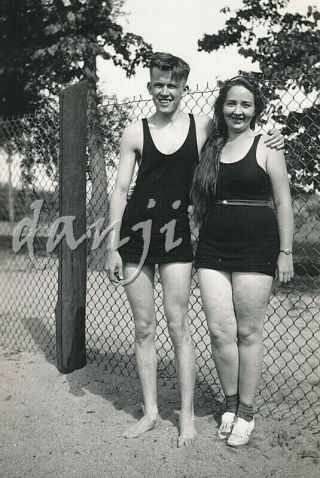 Swimsuit Couple Young Man With Bare Feet,  Young Lady With Long Hair Old Photo