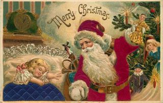 Christmas Postcard Red Silk Santa Claus W/ Doll,  Child In Bed - In 1911