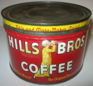 Vintage Hills Bros Tin Coffee Can W/ Lid 1lb Red C1938 - 42 - 45 - 52 Prop