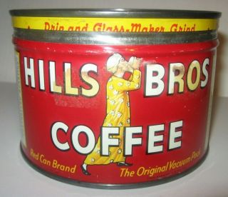 Vintage Hills Bros Tin Coffee Can w/ Lid 1lb Red c1938 - 42 - 45 - 52 PROP 2
