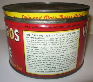 Vintage Hills Bros Tin Coffee Can w/ Lid 1lb Red c1938 - 42 - 45 - 52 PROP 3