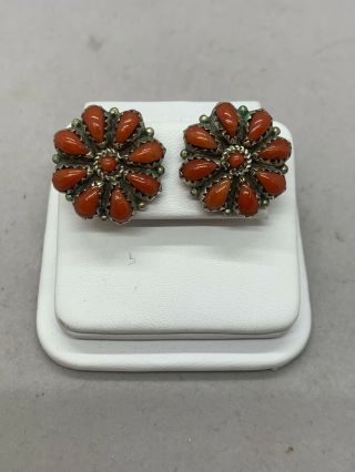 Vintage Estate Zuni Signed Eriacho Sterling Coral Cluster Earrings