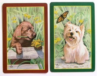 Pair Vintage Swap Cards.  Labrador Pup,  White Terrier Dog In Garden.  Hoyle.