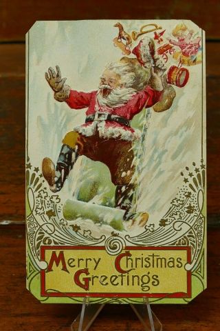 Vintage Christmas Postcard - Santa Claus On Board Falling Down Hill - Unusual