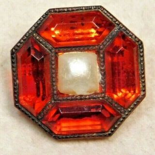 Antique Vtg Button Faceted Red Glass W A Pearl Center W Gold Stunning A16
