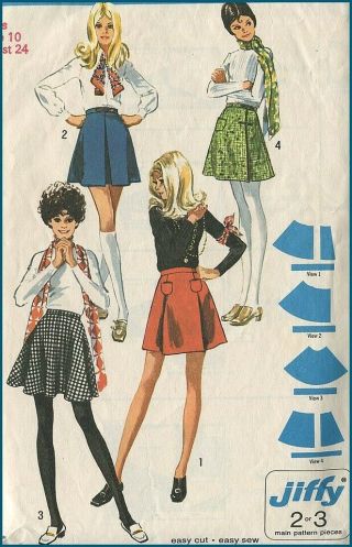 1970s Vintage Set Of 4 Styles Mini Skirt Jiffy Simple Sewing Pattern W 24 H 34