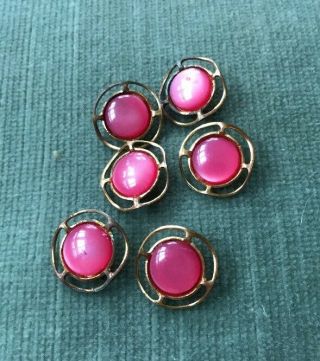 Matched Vintage Set Of 6 Brass And Pink Lucite Buttons 1.  6 Cm