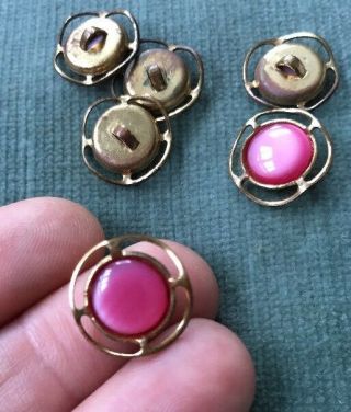 Matched Vintage Set of 6 Brass and Pink Lucite Buttons 1.  6 cm 3