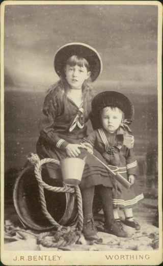 Worthing,  Two Young Girls Navy Uniform Seaside Backdrop Bucket Spades Ja.  88