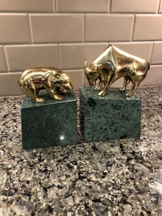 Bookends " Wall Street " Brass & Marble Bull & Bear Bookends Nyse Dow Nasdaq Money