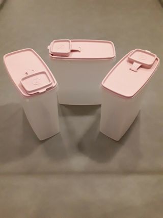 3 Tupperware Cereal Keepers Containers Vintage Pink Strawberry Rose 1590 - 3《nice》