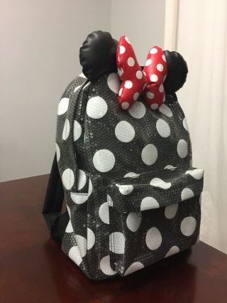 Disney Parks Minnie Mouse Sequin Color Black/white Polka Dot Backpack Red Bow