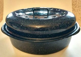 Large Oval Black Speckled Enamel Graniteware Roaster Pan With Lid