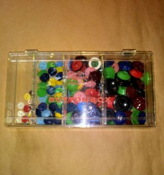 Nos Vintage Early Plastic House Buttons In Acrylic Rencrest Button Sorter Box