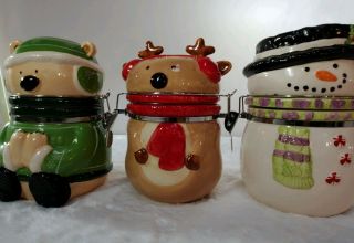 Reindeer Snowman And Bear Holiday Ceramic Canister Jar Set Of 3