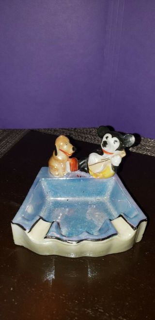 1930s Mickey Mouse And Pluto Lusterware Ashtray - Near