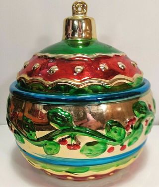 " Christmas Bulb Cookie Jar " Tree Santa Clause Red Green Gold Ceramic Kitchen
