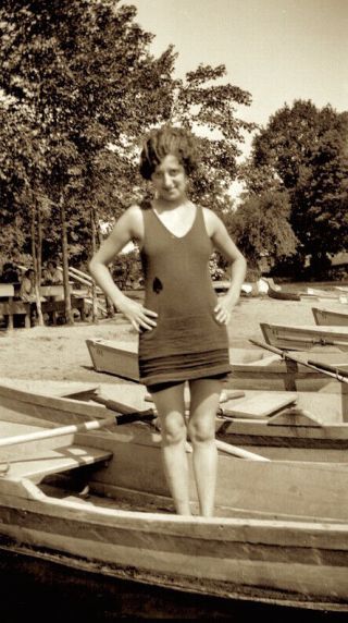 1920s Era Photo Negative Flapper Girl Lucky Card Queen Of Spades In Boat For Two