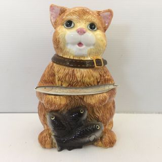 Cool Cat Crazy Cat Lady Tabby Cat Kitty Cookie Jar With Fishes Collectable