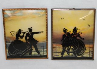 2 Vtg Silhouettes Pictures Man Woman On Ship Boating Sea Convex Bubble Glass